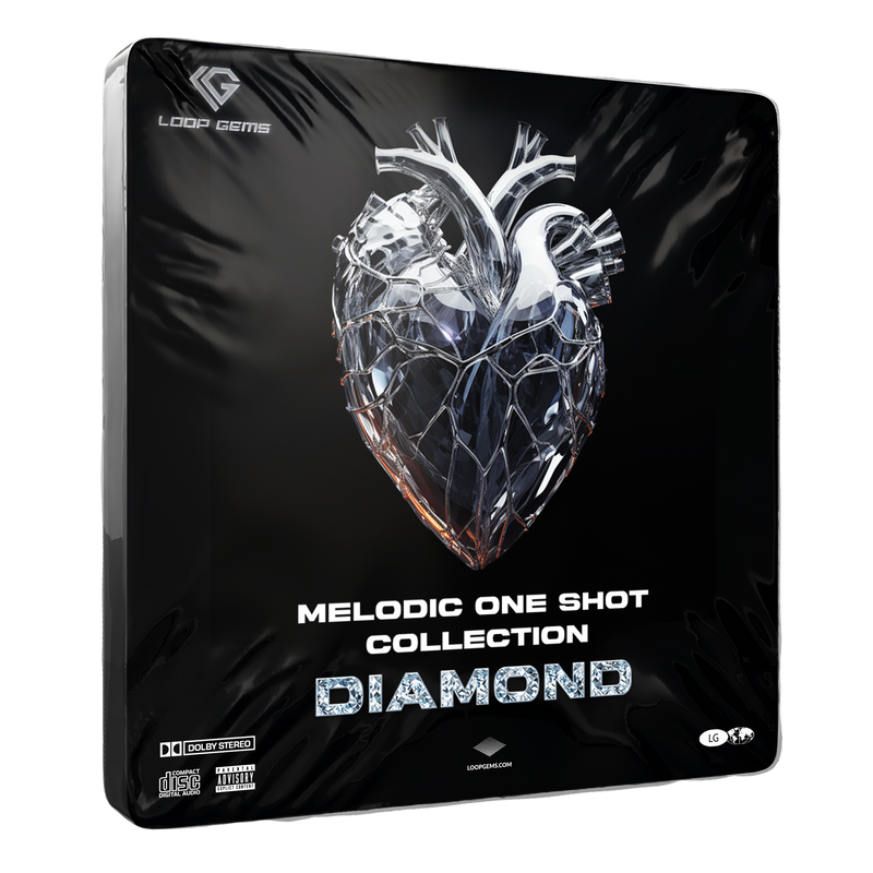 Product packaging for 'Melodic One Shot Collection Diamond' with a heart design on a black background.