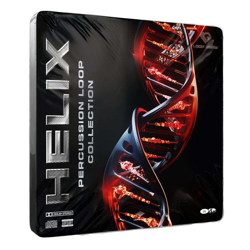 Helix Percussion Loop Collection packaging with DNA-like design on a black background