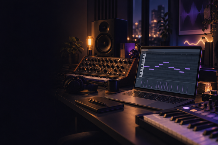 image of a music studio with laptop on the table