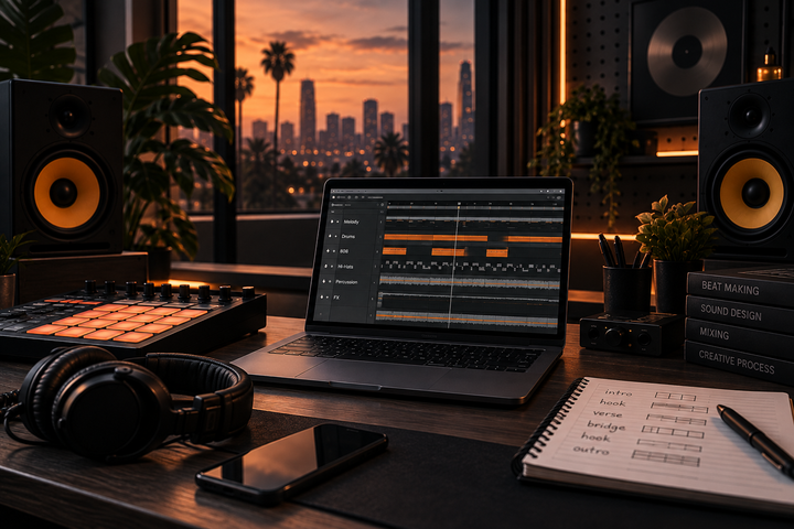 Music production workstation for making trap beats with a DAW, MIDI controller and studio monitors