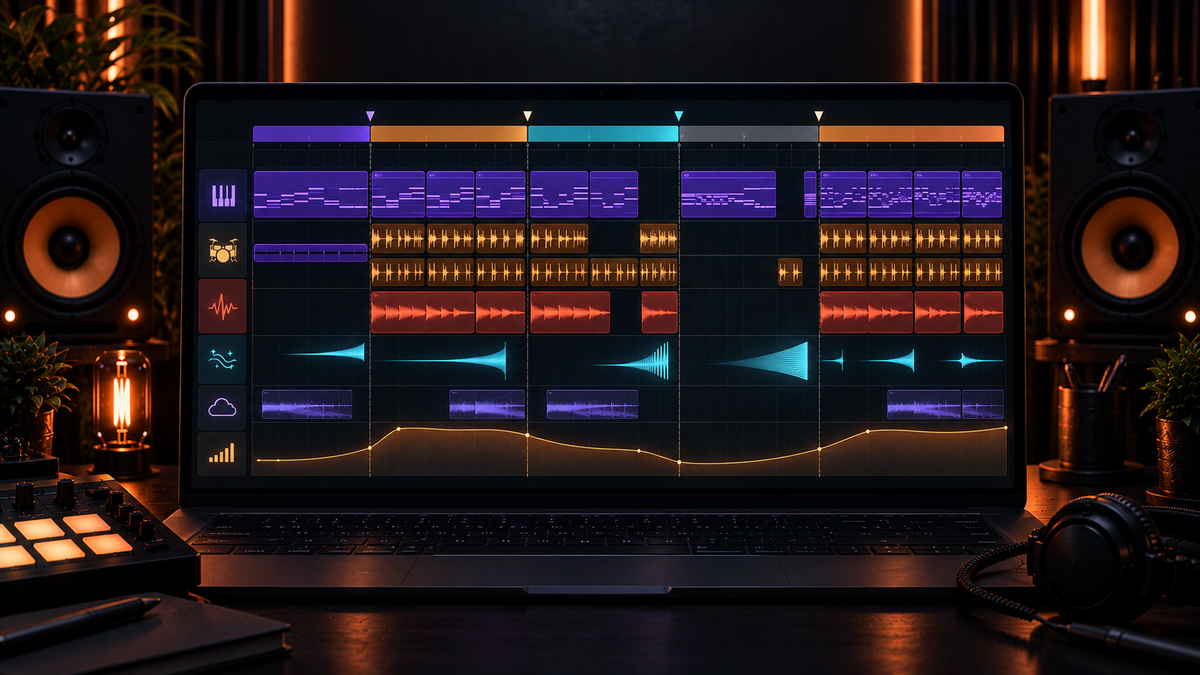 Trap beat arrangement showing an eight-bar loop expanded into a full song