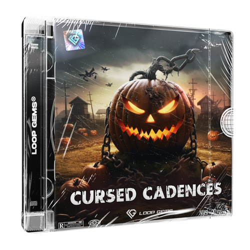 Product packaging for 'Cursed Cadences' with a pumpkin and scarecrow design on a white background.