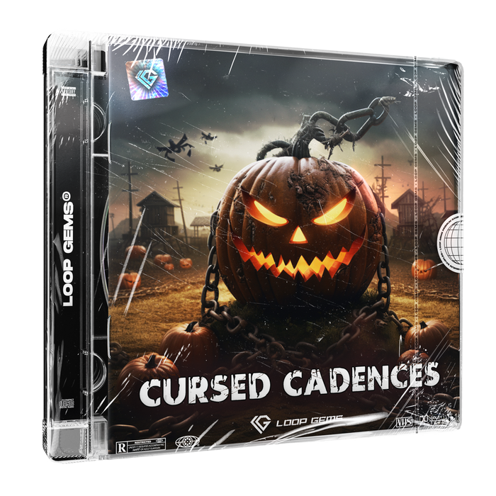 Product packaging for 'Cursed Cadences' with a pumpkin and scarecrow design on a white background.