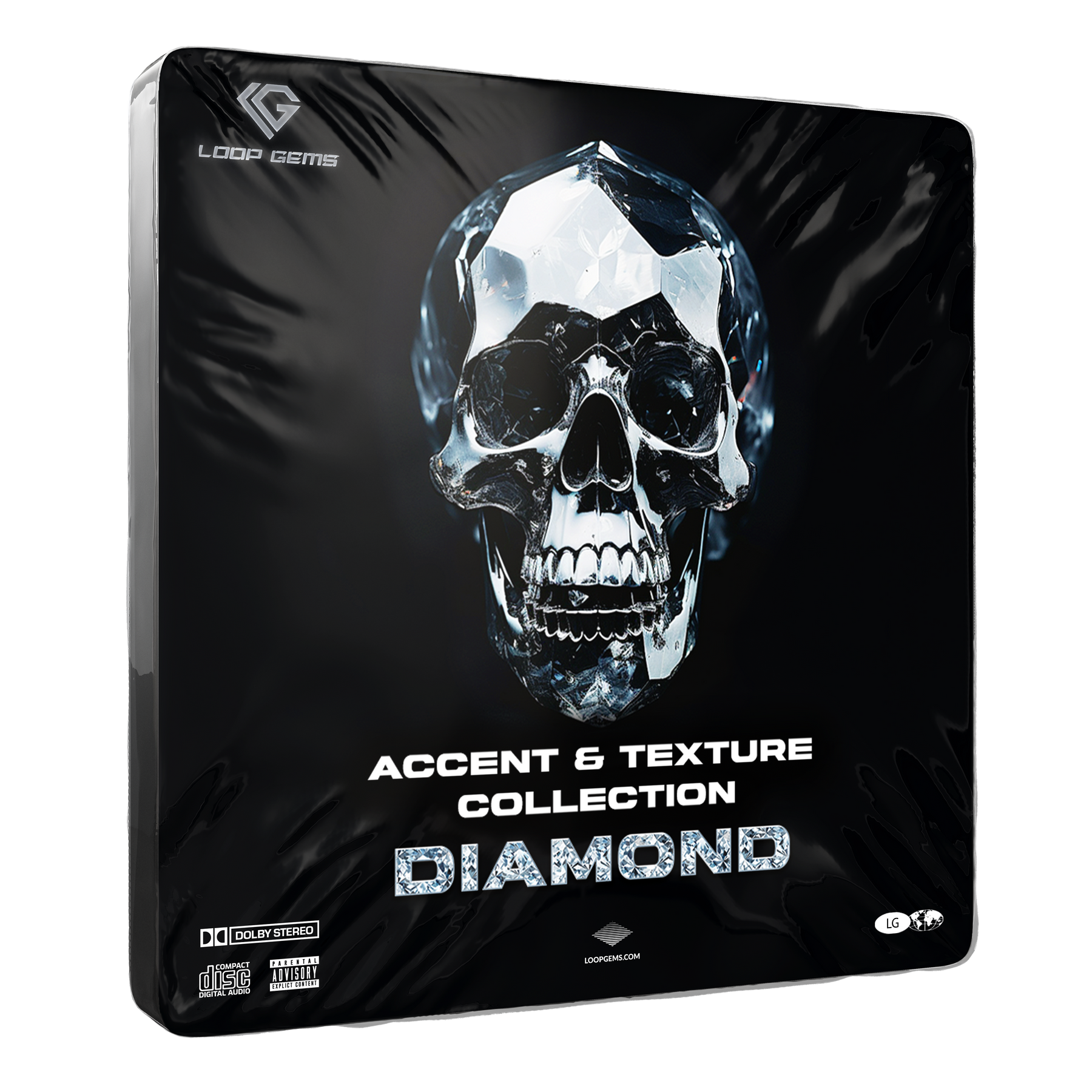 Product packaging for 'Diamond' accent and texture collection with a crystal skull design on a black background.