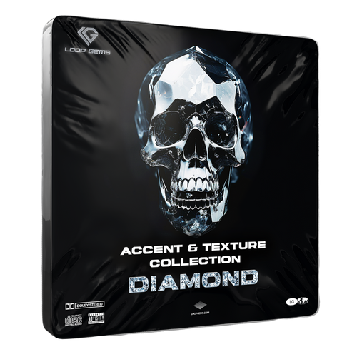Product packaging for 'Diamond' accent and texture collection with a crystal skull design on a black background.
