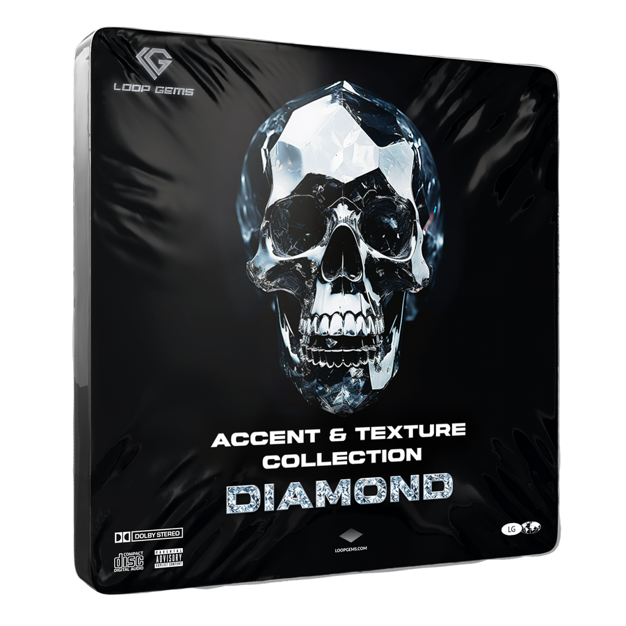 Product packaging for 'Diamond' accent and texture collection with a crystal skull design on a black background.