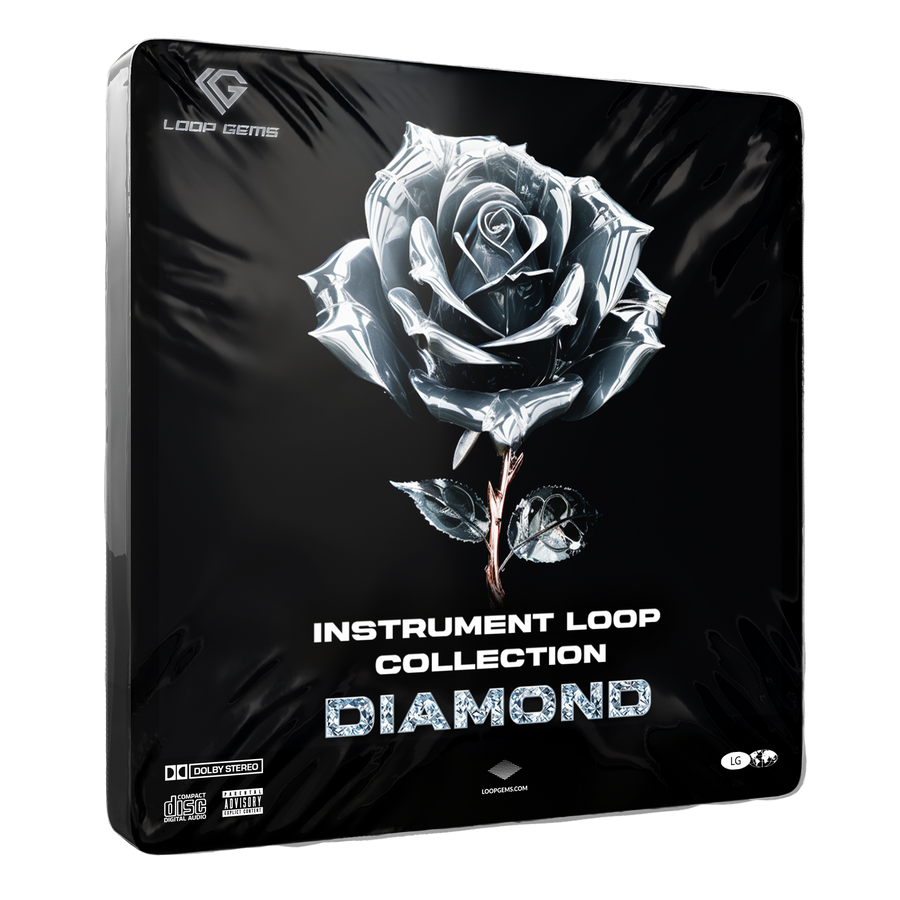 Product packaging for 'Diamond' Instrument Loop Collection with a rose design on a black background.