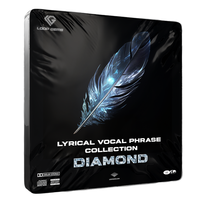 Product packaging for 'Diamond' lyrical vocal phrase collection with a blue feather on a black background.