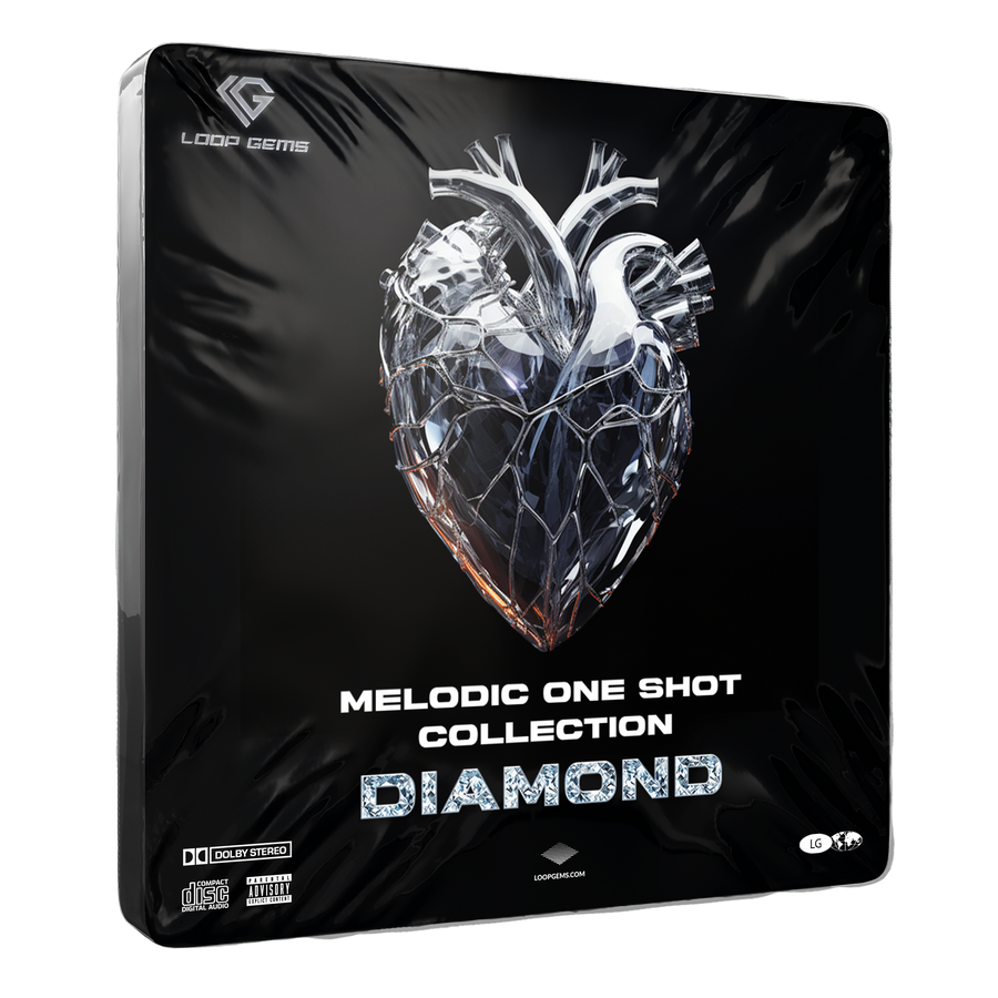 Product packaging for 'Melodic One Shot Collection Diamond' with a heart design on a black background.