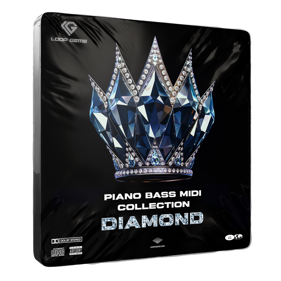 Product packaging for Piano Bass MIDI Collection Diamond with a crown design on a black background.