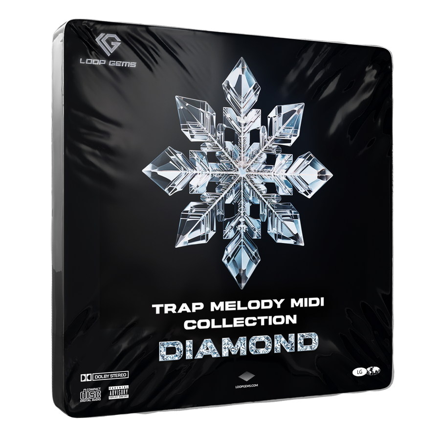 Diamond-themed trap melody MIDI collection packaging with crystal snowflake design on a black background.