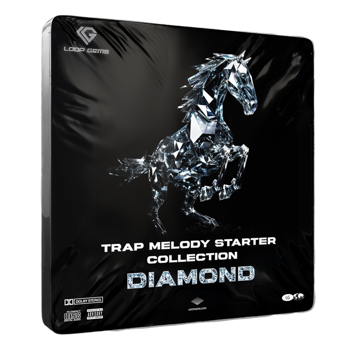 Product packaging for 'Trap Melody Starter Collection Diamond' by Loop Gems with a horse design on a black background.