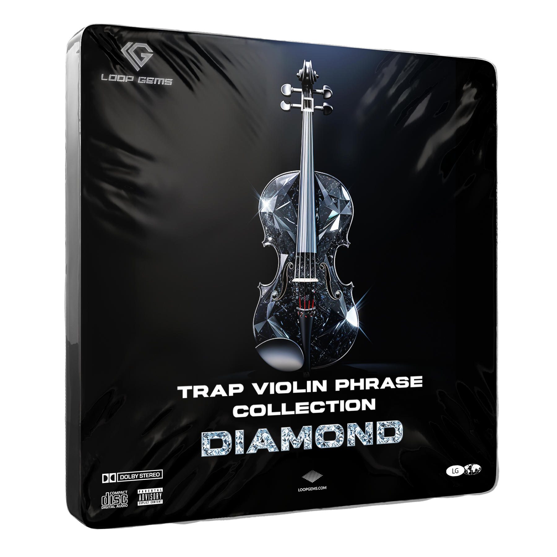 Product packaging for 'Trap Violin Phrase Collection Diamond' by Loop Gems on a black background.