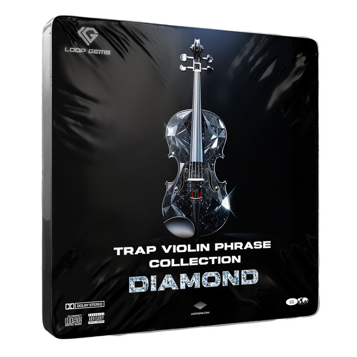 Product packaging for 'Trap Violin Phrase Collection Diamond' by Loop Gems on a black background.