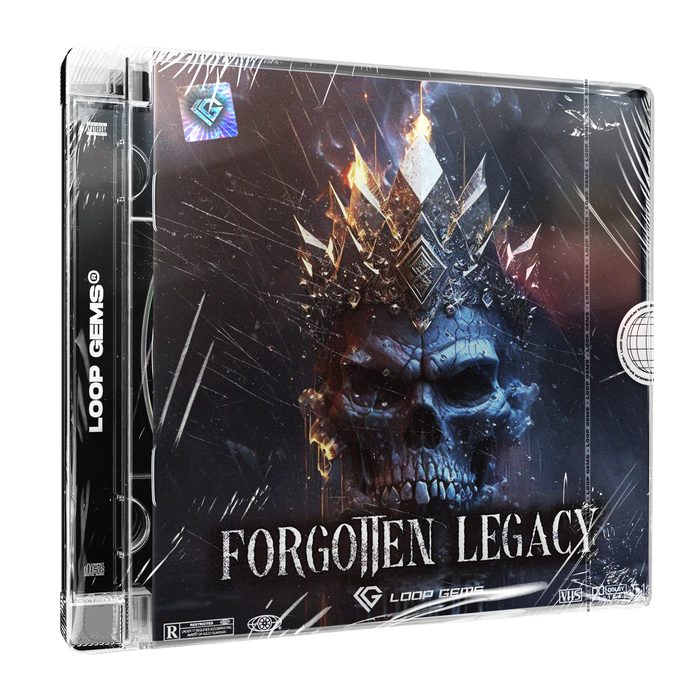 Product packaging for 'Forgotten Legacy' by Loop Gems with a skull design on a black background.