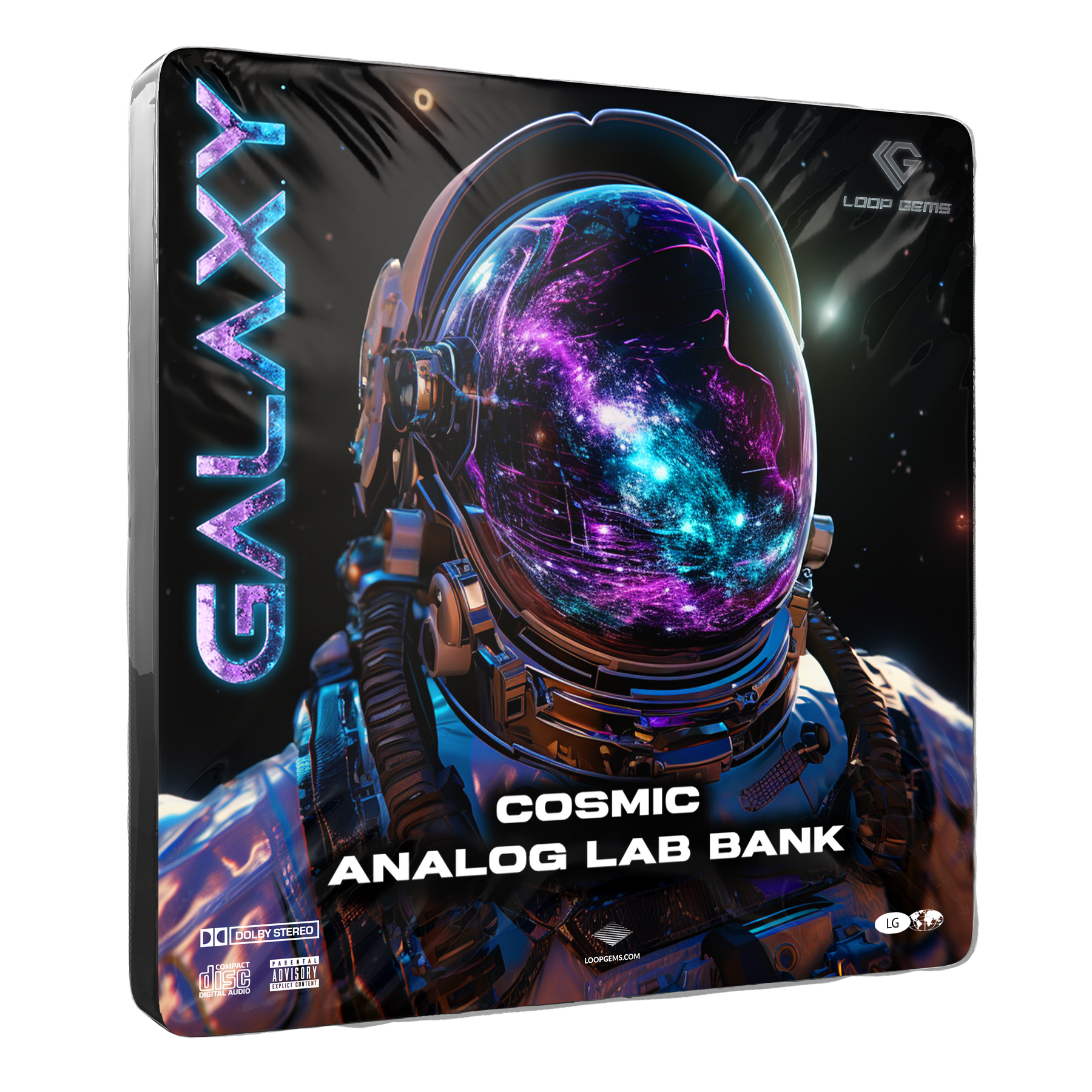 Product packaging for 'Cosmic Analog Lab Bank' with an astronaut design and 'GALAXY' branding.