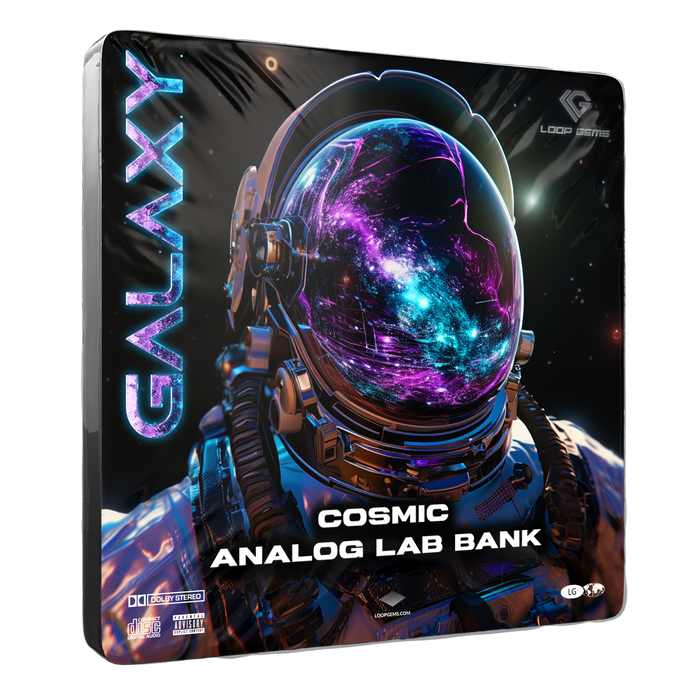 Product packaging for 'Cosmic Analog Lab Bank' with an astronaut design and 'GALAXY' branding.
