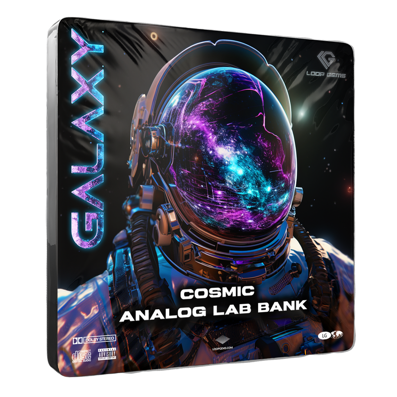 Product packaging for 'Cosmic Analog Lab Bank' with an astronaut design and 'GALAXY' branding.
