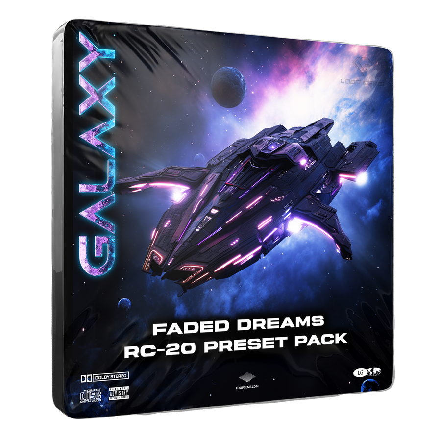 Product packaging for 'Faded Dreams RC-20 Preset Pack' with a space-themed design featuring a spaceship.
