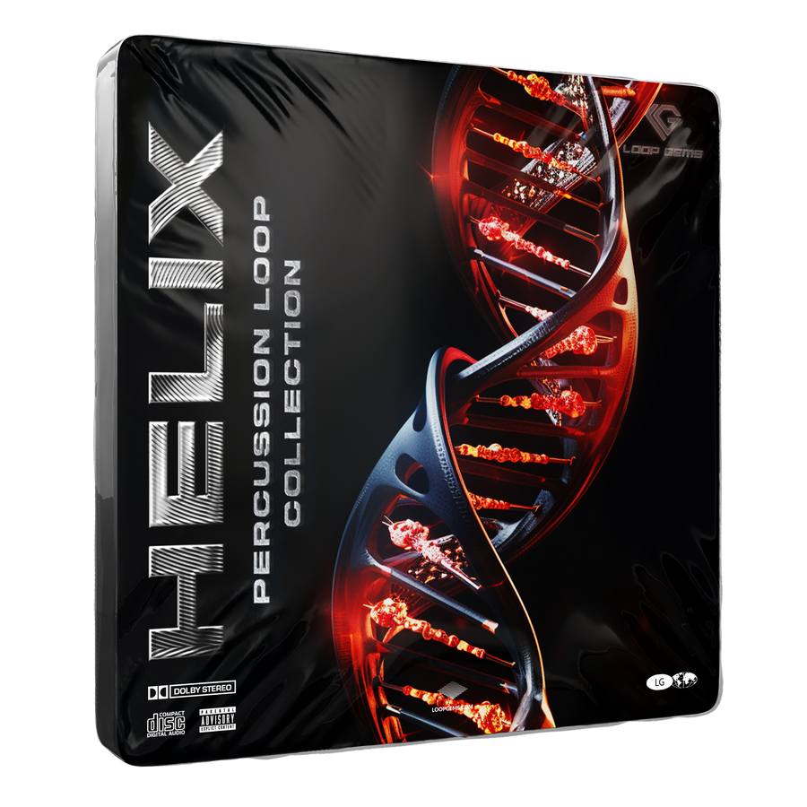 Helix Percussion Loop Collection packaging with DNA-like design on a black background