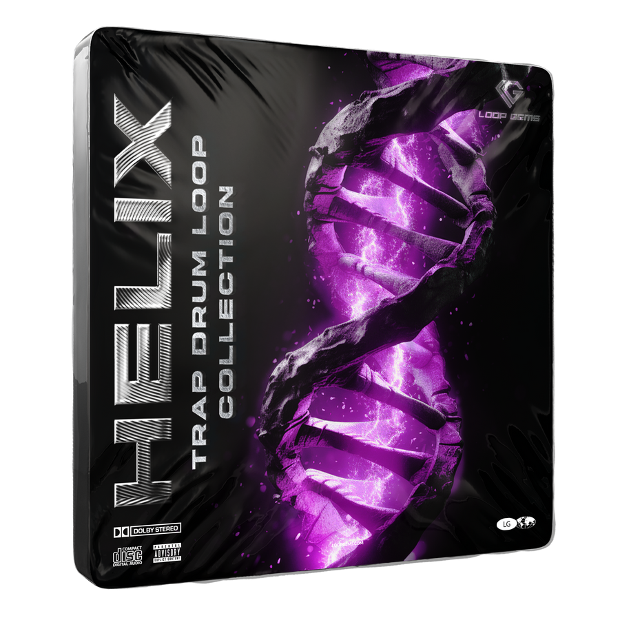 Package of Loopmasters Helix Trap Drum Loop Collection with purple and black design.