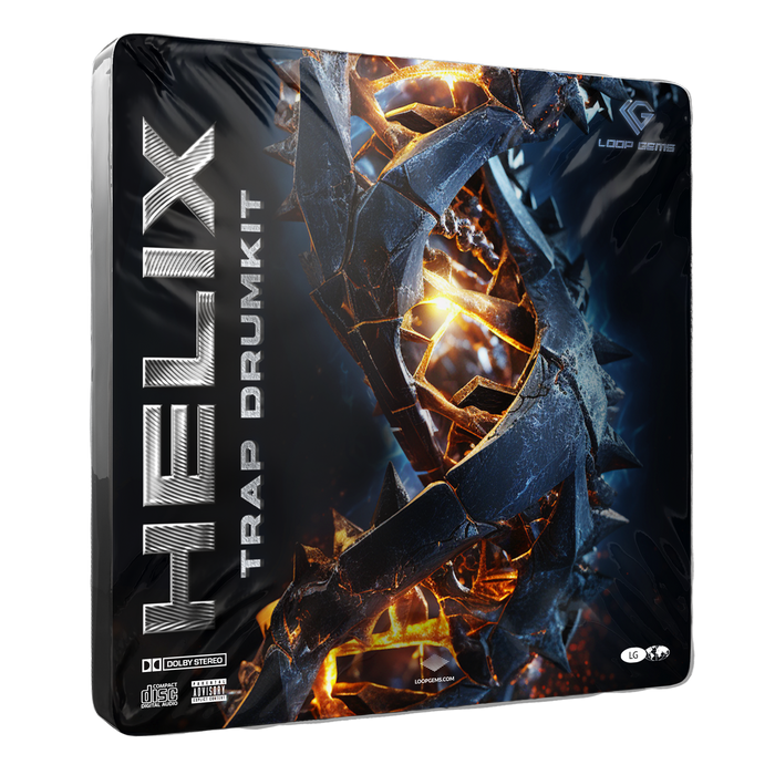 Helix Trap Drumkit packaging with dynamic design elements on a white background