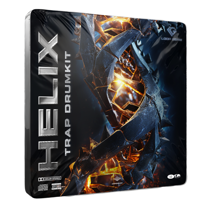 Helix Trap Drumkit packaging with dynamic design elements on a white background