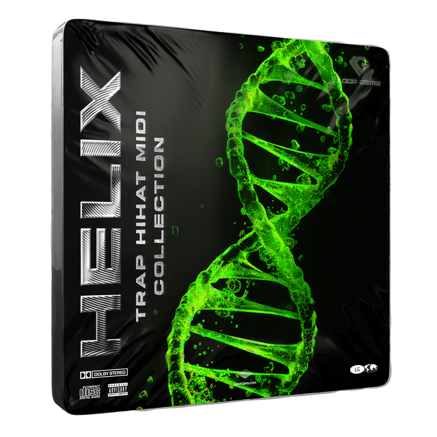 Package of Helix Trap Hihat MIDI Collection with green DNA strand design on black background