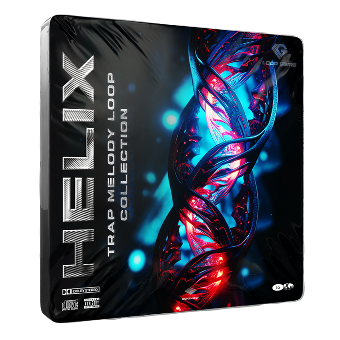 Product packaging with 'Helix' and 'Trap Melody Loop Collection' text on a black background.