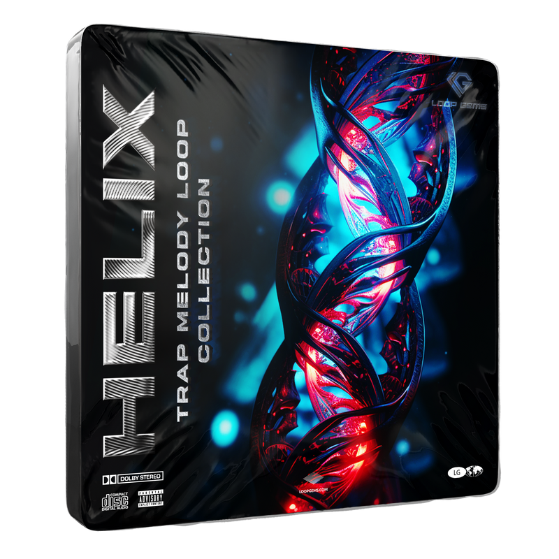 Product packaging with 'Helix' and 'Trap Melody Loop Collection' text on a black background.