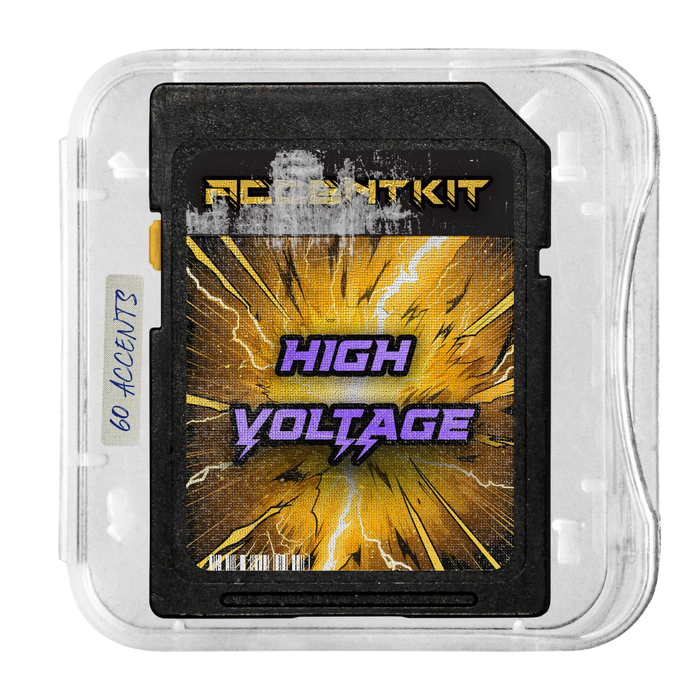 SD card with 'High Voltage' text and lightning graphics in a clear plastic case. Digital music product artwork