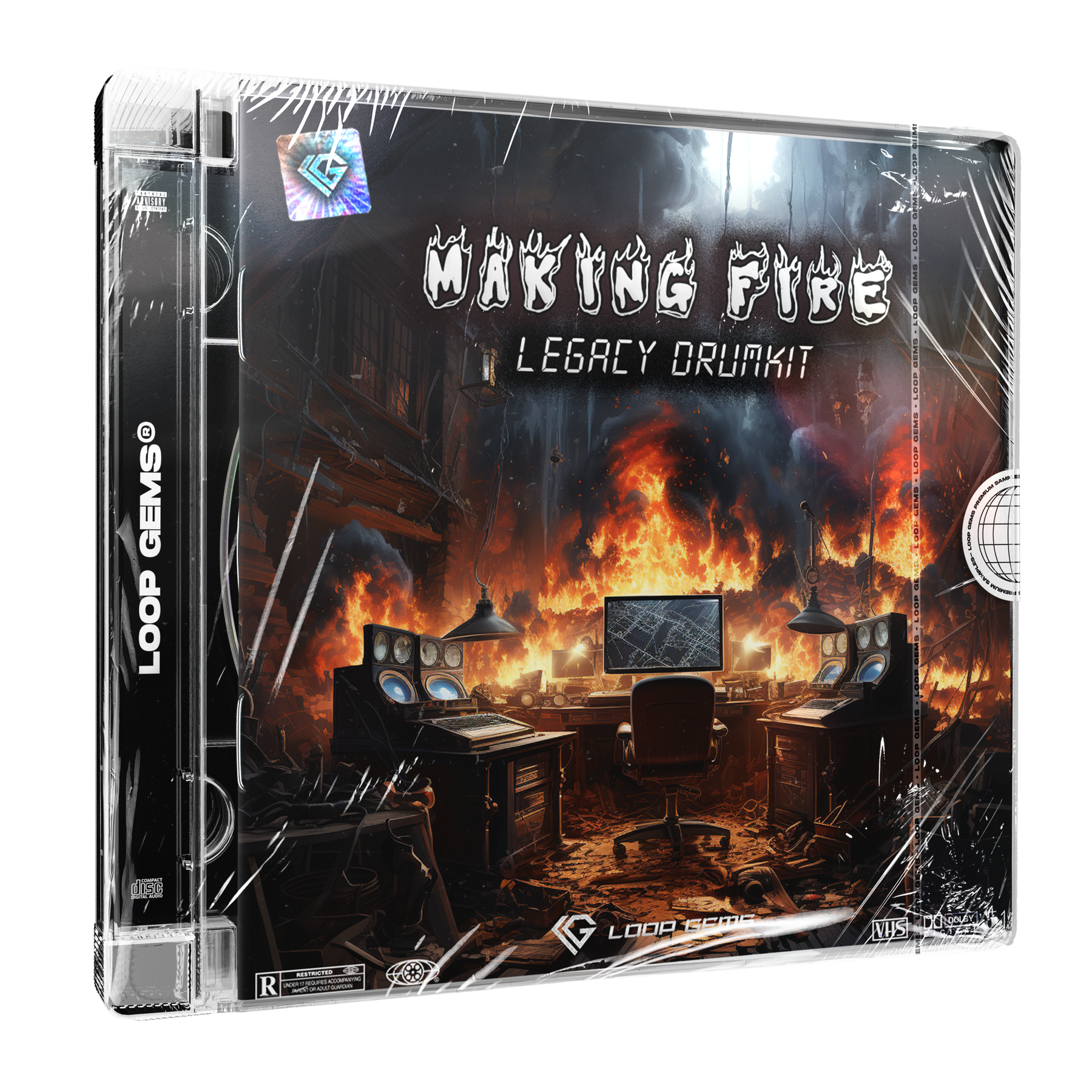 Product packaging for 'Making Fire Legacy Drumkit' by Loop Gods with a fiery music studio scene.