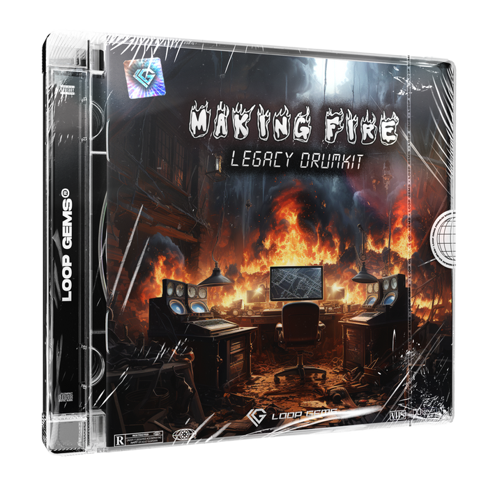 Product packaging for 'Making Fire Legacy Drumkit' by Loop Gods with a fiery music studio scene.
