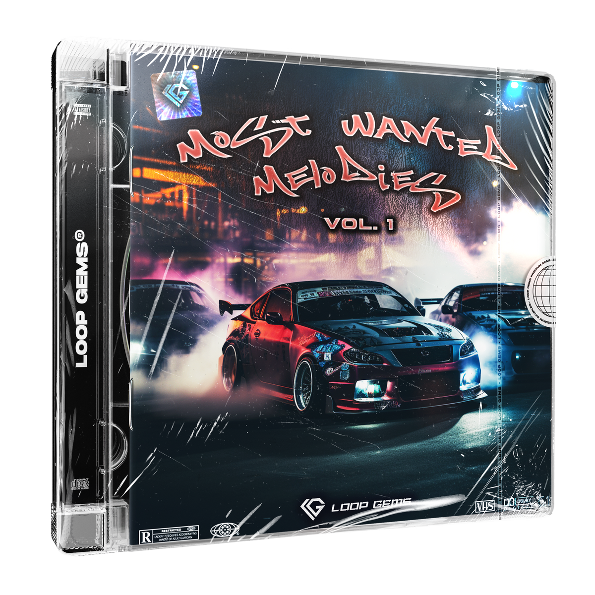 Product packaging for 'Most Wanted Melodies Vol. 1' by Loop GEMS with a car on a city street.