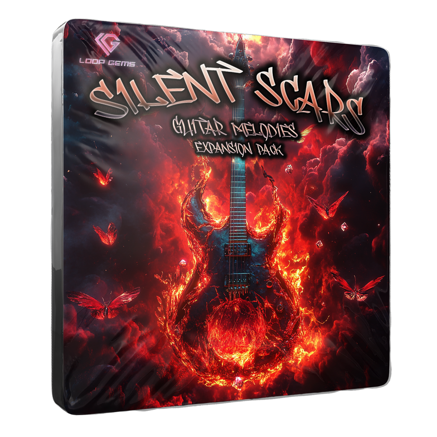 Silent Scar Guitar Melodies Expansion Pack packaging with fiery guitar design on a white background