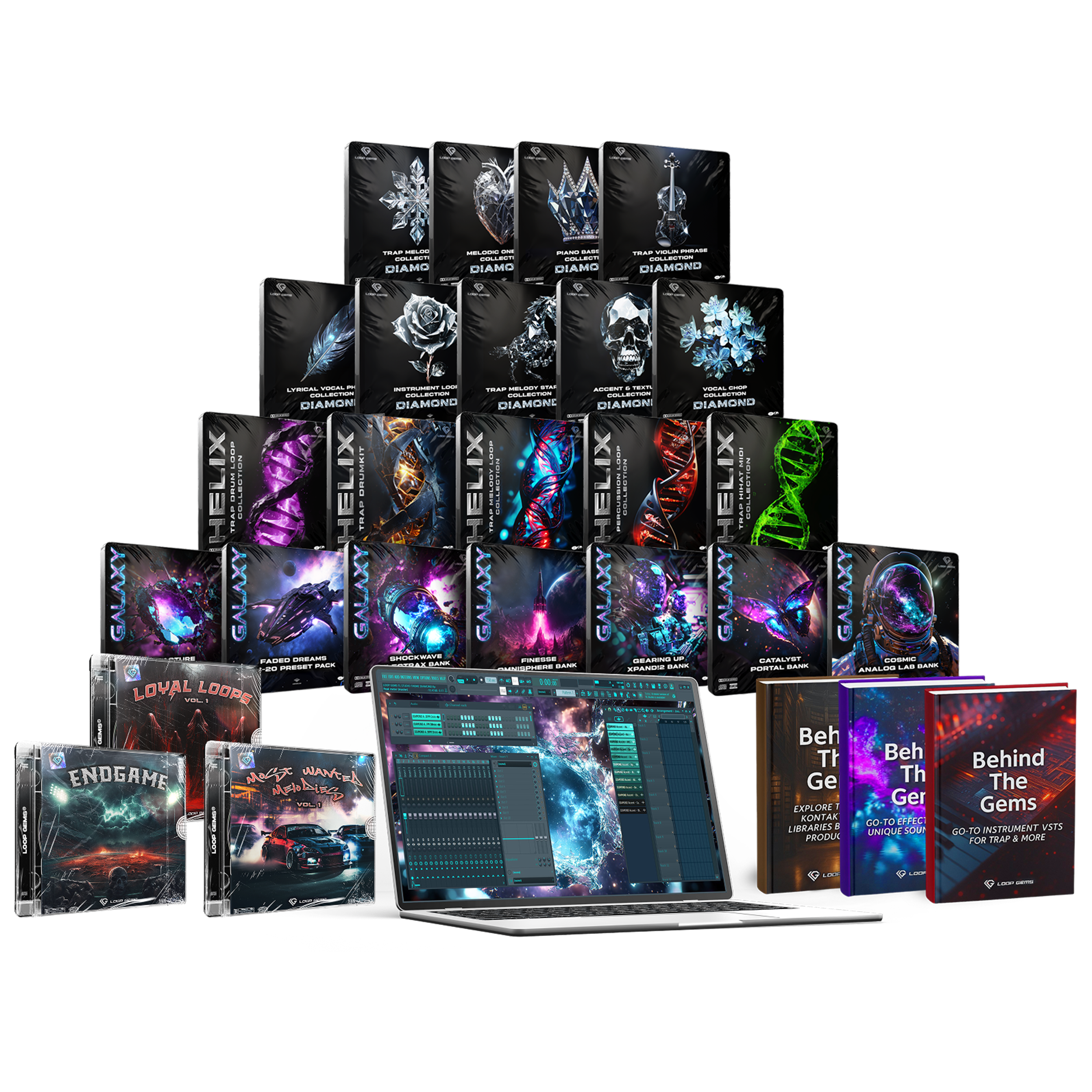 Collection of music production software packages displayed with a laptop on a white background