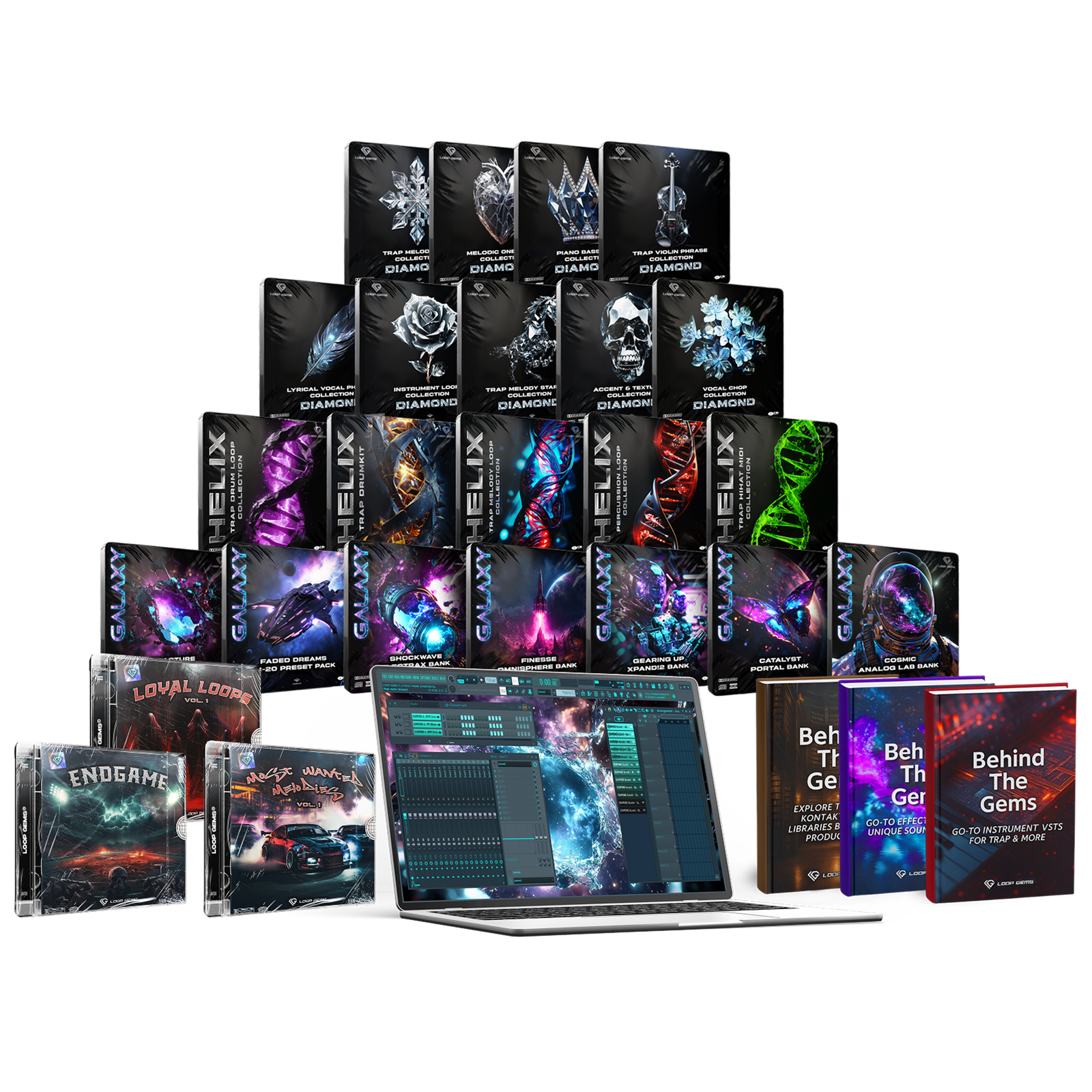 Collection of music production software packages displayed with a laptop on a white background