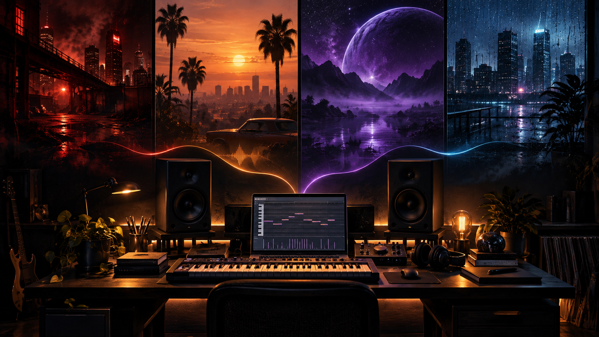 Four contrasting visual moods feeding into one trap melody production setup
