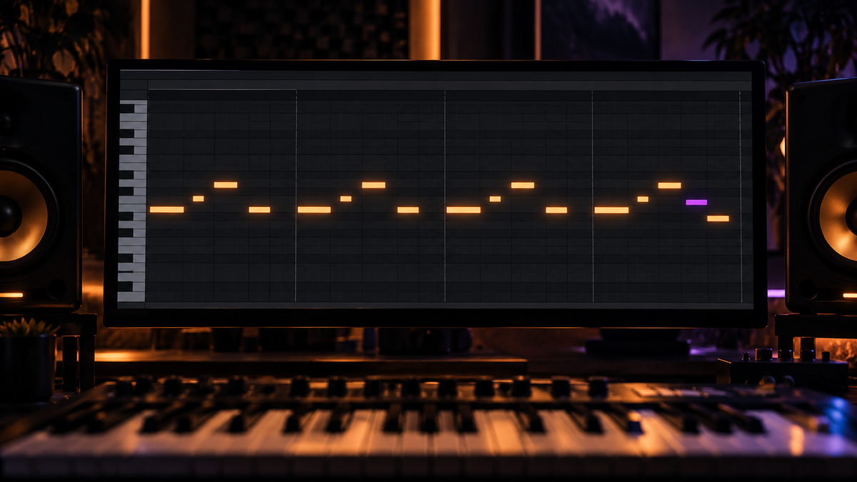 Four-bar trap melody motif with one small variation in the final bar